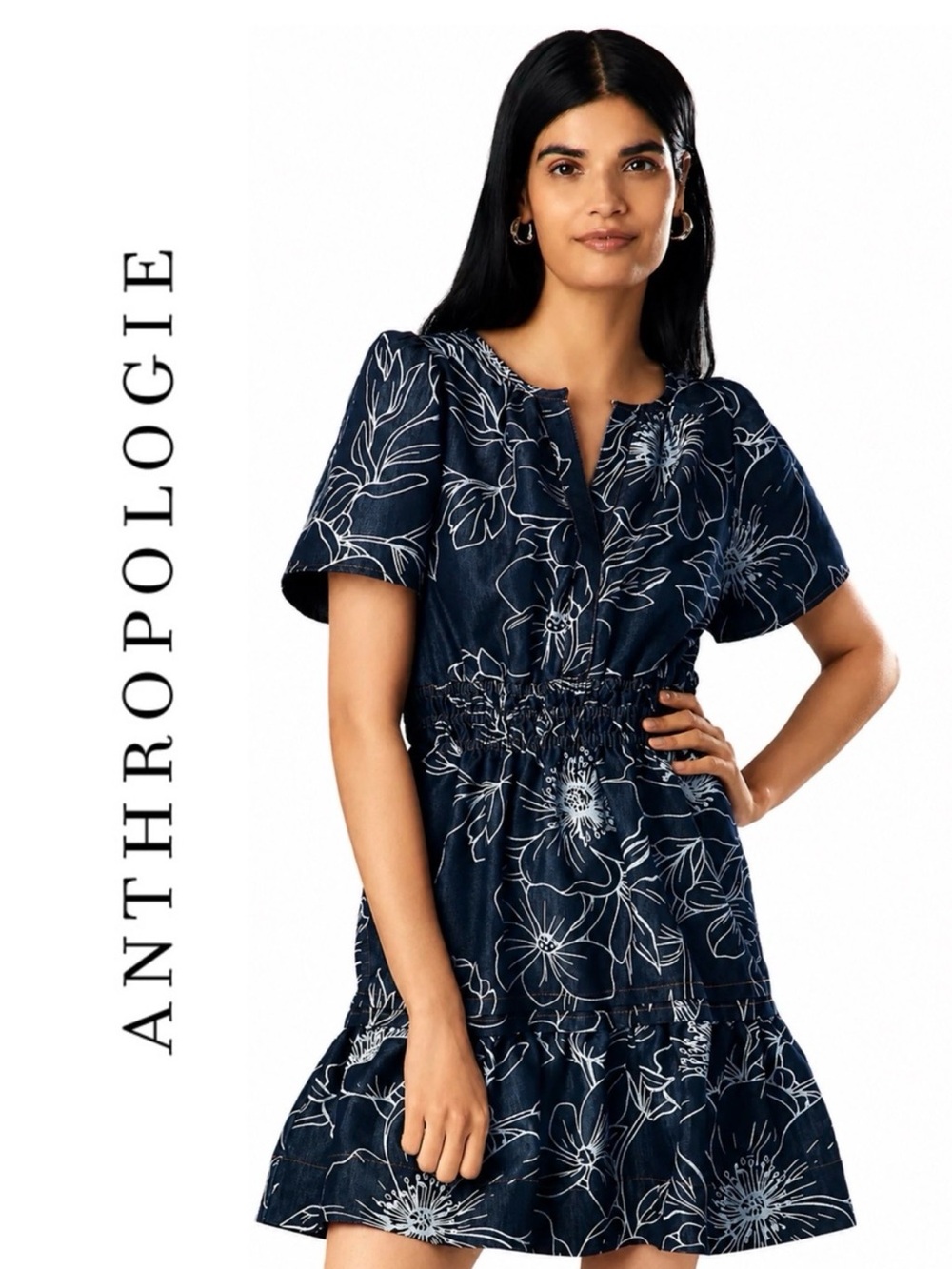 Anthropologie The Somerset Denim Mini Dress Floral Print Size Medium
